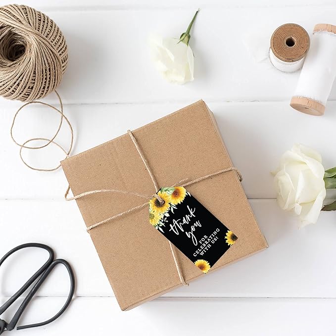 Andaz Press 100-Pack Thank You for Celebrating with Us Favor Tags Sunflowers Black Background Cardstock Gift Tags with Bakers Twine for Wedding Baby Shower Bridal Shower Party Favors 2 x 3.75-Inches