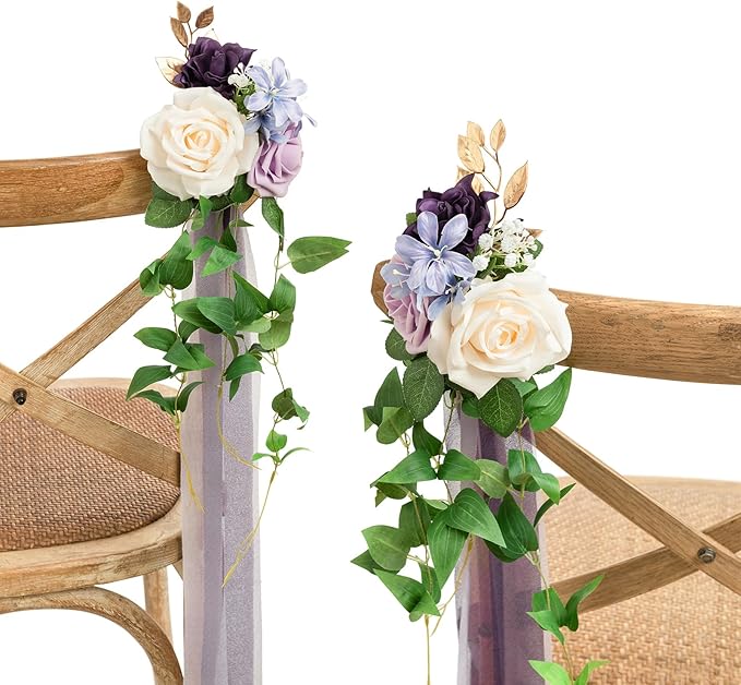 Artificial Pew Flowers, Lilac and Gold Silk Aisle Decor, 8 Pieces
