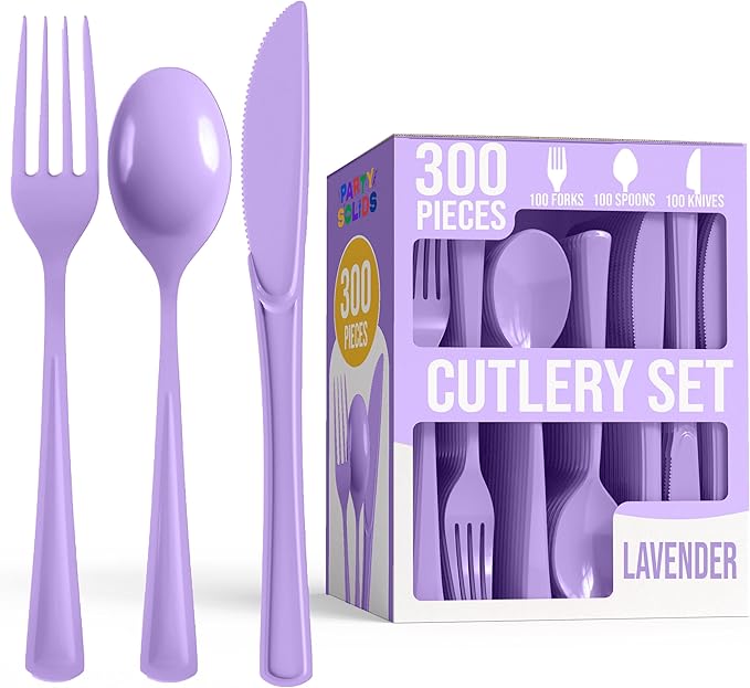 Plastic Cutlery Set, 300 Pieces, Lavender Disposable Forks, Spoons and Knives
