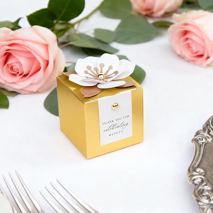 Gift Boxes, 20 Gold Candy Boxes with White Floral Decor and Thank You Tags
