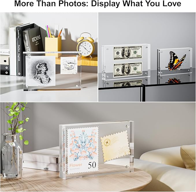 5 Pack 5x5 Acrylic Picture Frames - 20% Thicker Double Sided Magnetic Frame with UV Protection - Freestanding Clear Frameless Display for Tabletops - Modern Photo Frame Set for Home & Office Decor