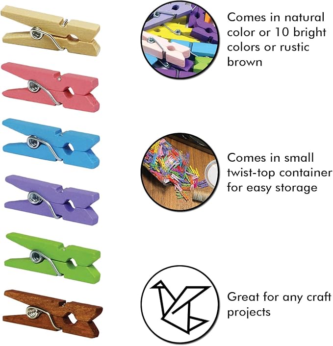 Mini Natural Wooden Clothespins with Jute Twine, 250pcs, 1 Inch Photo Paper Peg Pin Craft Clips with 66ft Natural Twine for Scrapbooking, Arts & Crafts, Hanging Photos (10 Colors)