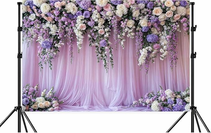 8x6ft Purple Lavender Floral Bridal Backdrop Wedding Flower Photography Backdrop for Girl Portrait Baby Shower Birthday Party Decor Banner Mother's Day Party Wall Backdrop Studio Photo Backgrounds