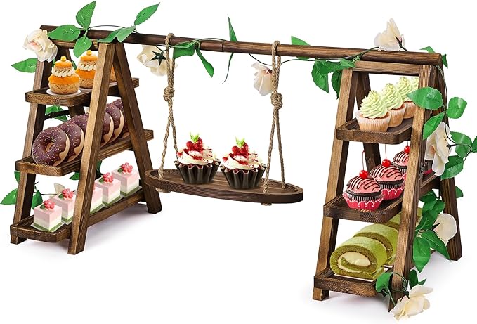 Cake Stand, 3-Tier Wooden Cupcake Display, Brown Foldable Design