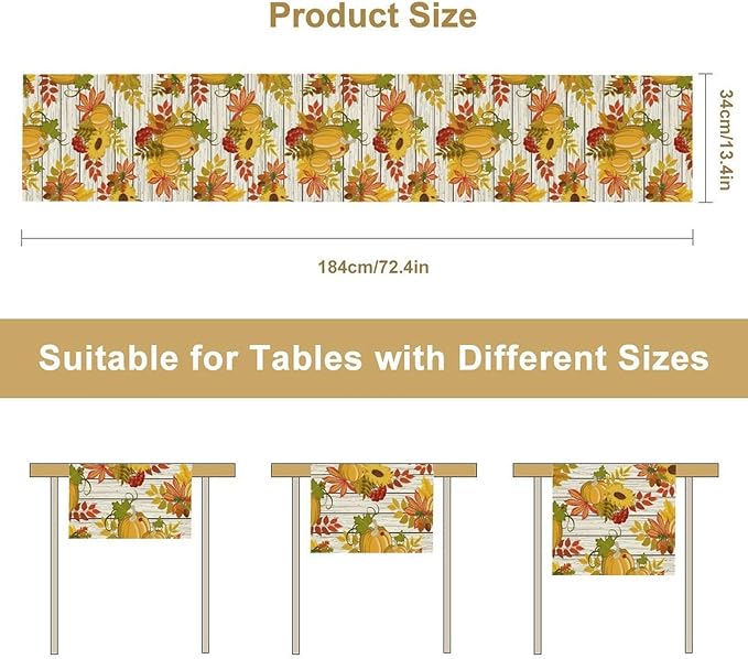 Autumn Table Runner,Seasonal Pumpkins Thanksgiving Kitchen Dining Table Decoration for Home Party Decor 13x70 Inch