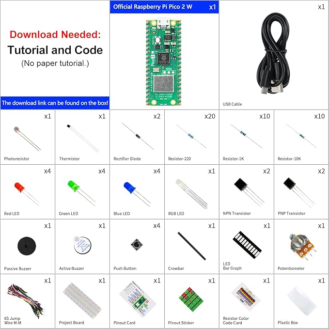 Freenove Basic Starter Kit for Raspberry Pi Pico 2 W (Included), Dual Arm Cortex-M33 and Dual Hazard3 RISC-V Microcontroller, 386-Page Detailed Tutorial, 142 Items, 55 Projects, Python C Code