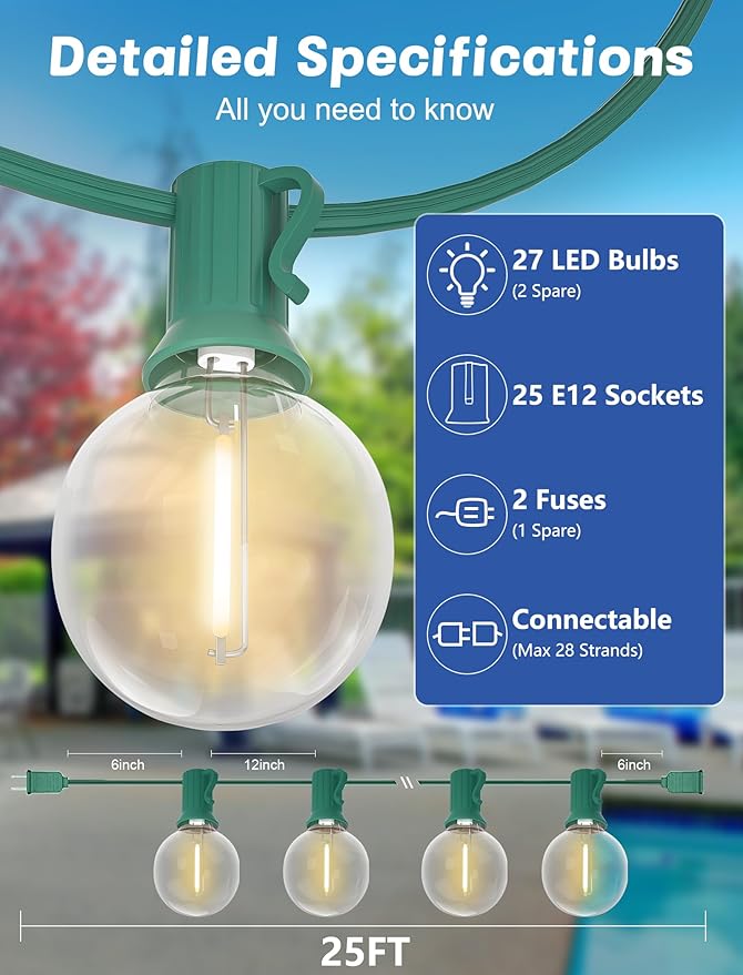 String Lights, 25 ft Globe G40 LED with 27 Bulbs and Green Wire
