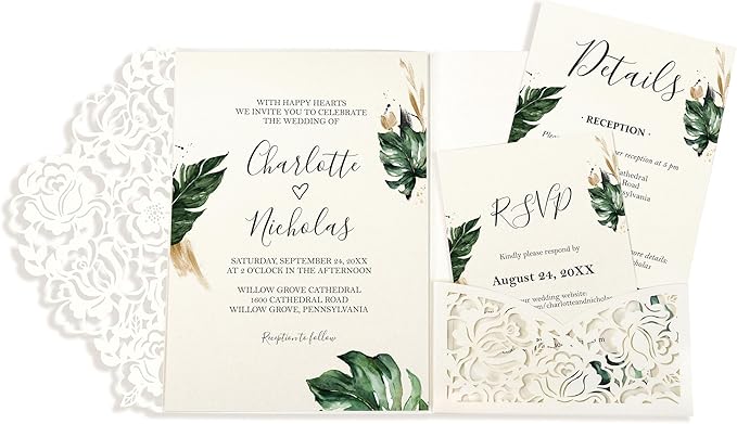 DORIS HOME 50pcs Laser Cut Wedding Invitation Pockets with Envelopes Ivory White, 5.12" x 7.12"Invitation Cards for Wedding, Anniversary (No Inserts Included)