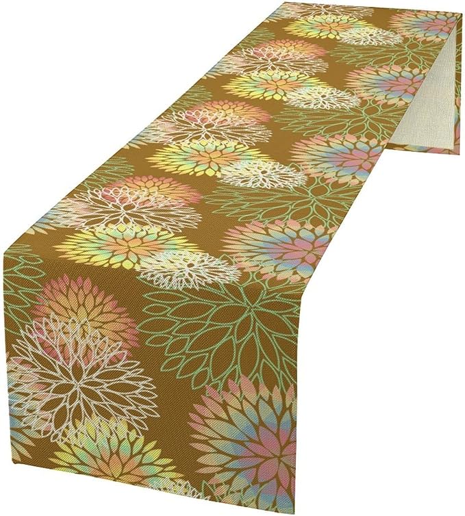 Brown Grey Dahlia Flower Table Runner, Linen Geometric Pattern Floral Table Decor Spring Farmhouse Decorations for Kitchen Dining Holiday Party Decor, 13x90 Inch