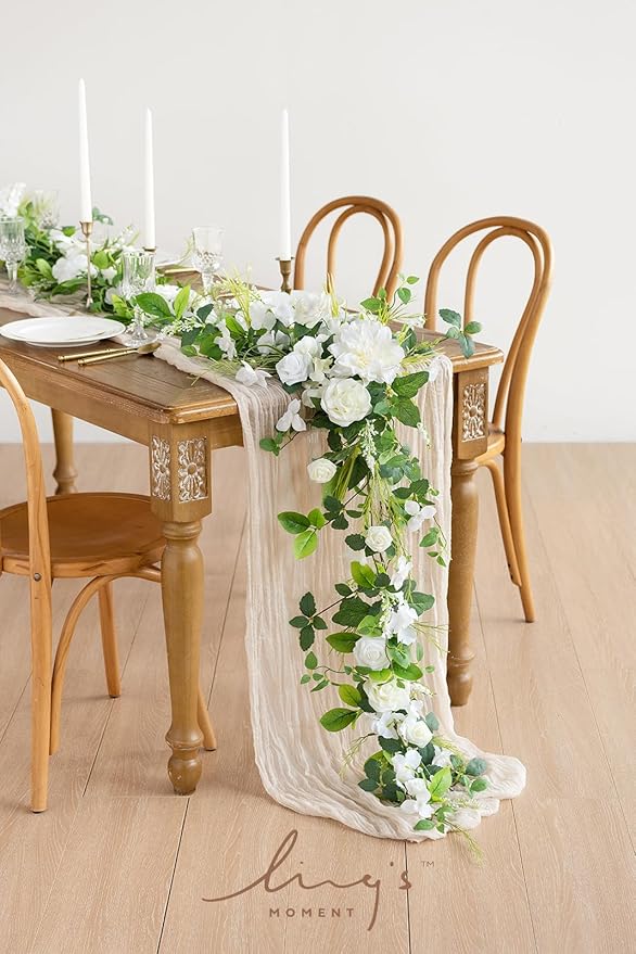 Artificial Flower Garland 6 Ft Eucalyptus Table Runner in White and Olive