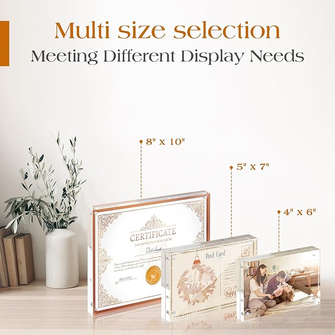 TWING 6 Pack Picture Frames Acrylic 4 x 6, Horizontal Magnet Frame Lucite Double Sided 4x6 Picture Frame, 10+10MM Thick Clear Frameless Desktop Display Self Standing Magnetic Acrylic Block Photo Frame