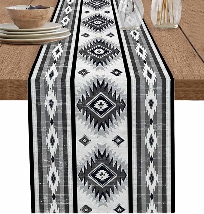 Aztec Southwest Cotton Linen Table Runner for Dining Kitchen, Wedding Outdoor Party Tablerunners Decoration, Boho Ethnic Tribes Vintage Grey Dresser Scarf Coffee Tablecloth Runners 13x36 Inches