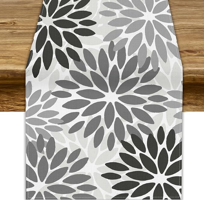 Gray Dahlia Flower Table Runner, Vintage Modern Linen Geometric Pattern Floral Table Runner Spring for Farmhouse Kitchen Dining Party Holiday Party, 13x70 Inch