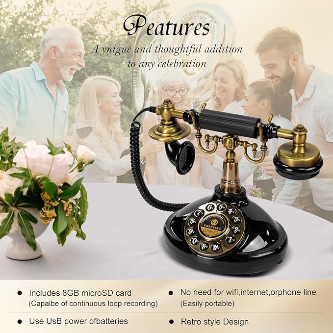 Guestbook Phone with Voice Recording, Vintage Style, 8GB SD Card Included