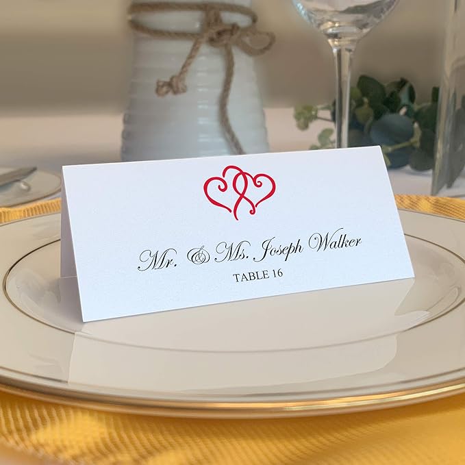 Linked Hearts Place Cards, Ruby Red (Choose Color), Set of 25, Pre-cut and Scored - Wedding, Party, Dinner, and Special Events - Made in the USA