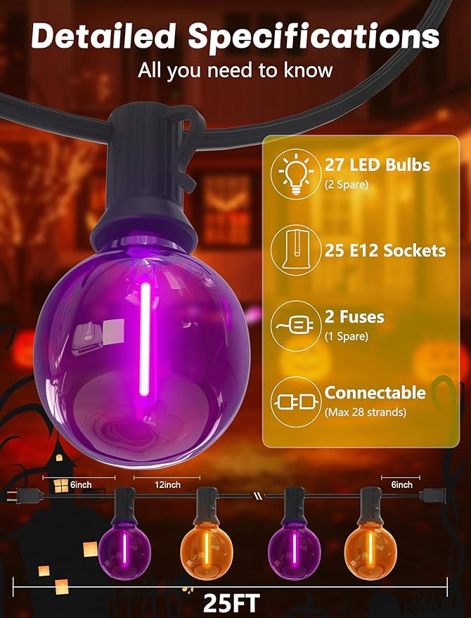 Outdoor String Lights 25 FT G40 LED Orange and Purple Globe Bulbs