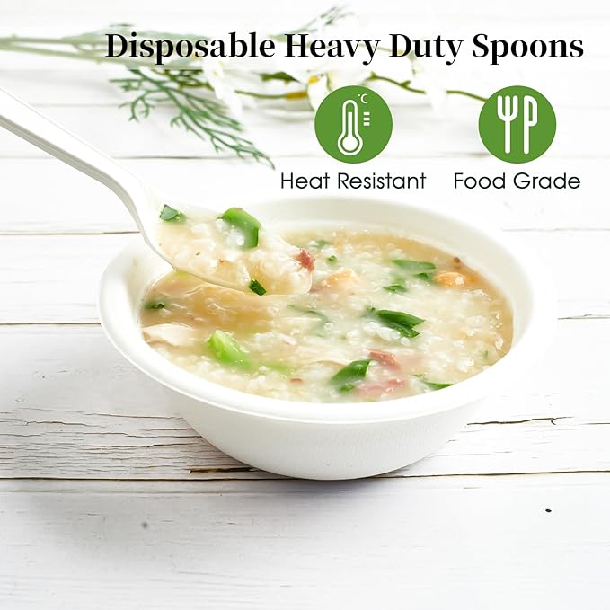 Disposable Spoons, 150 Count White Plant-Based, 6.7 Inch