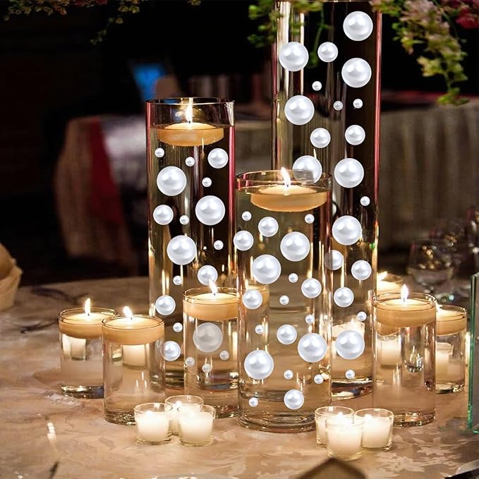 Floating Pearls for Centerpieces Vases, 250PCS White No Hole Fake Pearl Beads and 4000PCS Water Beads for Vase Filler Floating Beads for Wedding Home Party Decoration (White 8/14/20mm)