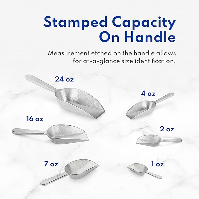 New Star Foodservice 34707 One-Piece Cast Aluminum Flat Bottom Bar Ice Flour Utility Scoop, 16-Ounce, Silver