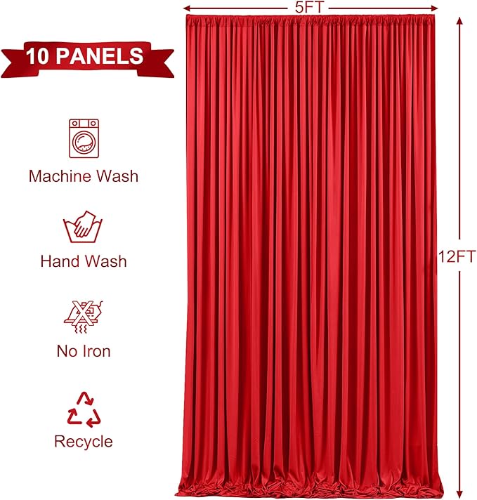 Red Backdrop Curtains, Wrinkle-Free Soft Fabric, Set of 10 Panels