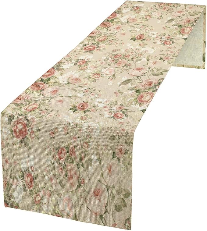 Lovely Rose Table Runner, Red and White Vintage Rose Delicate Floral Natural Pattern Long Table Restaurant Kitchen Holiday Party Decoration,13in（33cm） W * 72in（184cm） L