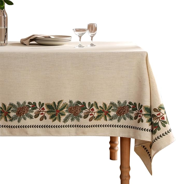 Rectangular Tablecloth 55 x 79 Inch Linen Blend Beige Floral