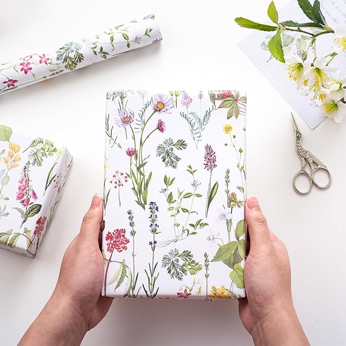 RUSPEPA Floral Wrapping Paper Roll for Women Girls, Mini Roll, Elegant Wild Flower Design Gift Wrap Paper Perfect for Birthdays, Bridal Shower, Spring, Wedding, Mother's Day, 17 Inch x 16.4 Feet
