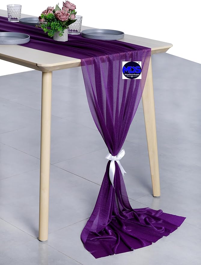 MDS 5 Pack 10ft Chiffon Table Runner 29 x 120 Inches Sheer Wedding Runner Romantic Rustic Table Runner for Wedding Decorations, Birthday Parties, Bridal Shower Party Arch Decor - Cadbury Purple
