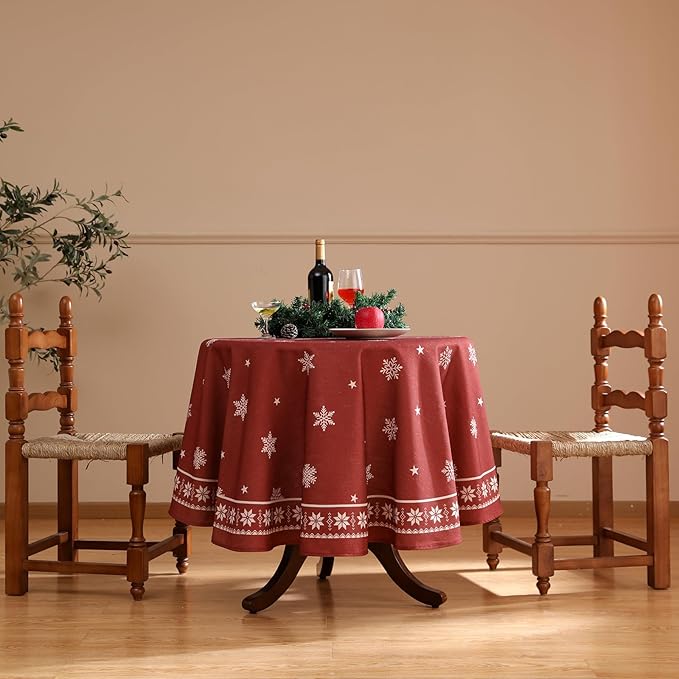 ISAENNE Designer Christmas Red Round Tablecloth,Linen Table Cloth with Snowflakes Pattern,Wrinkle Resistant Decor Tablecloths for Dining Kitchen Thanksgiving Christmas,Diameter 67"-Carol C