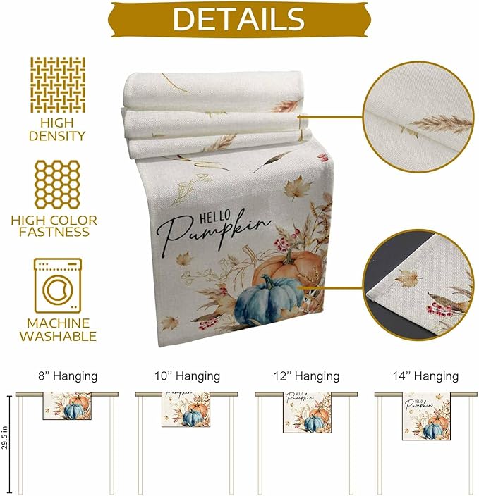 Fall Thanksgiving Cotton Linen Table Runner for Dining Kitchen, Orange Pumpkins Outdoor Party Autumn Tablerunners Decoration, Rustic Wheat Leaves Dresser Scarf Coffee Tablecloth Runners 13x72 Inches