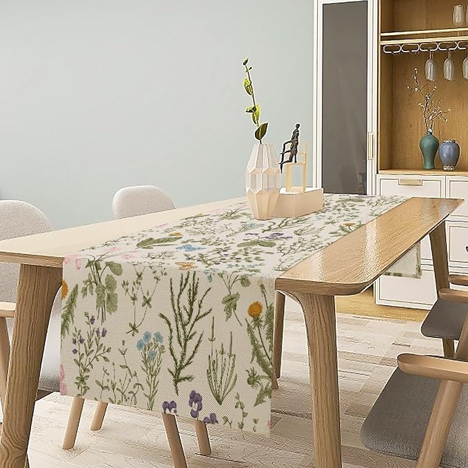 Floral Botanical Table Runner, Garden Spring Flower Botanical Butterfly Animal for Restaurant, Kitchen, Wedding, Party Rectangular Table Runner Decoration,13in（33cm） W * 60in（152cm） L