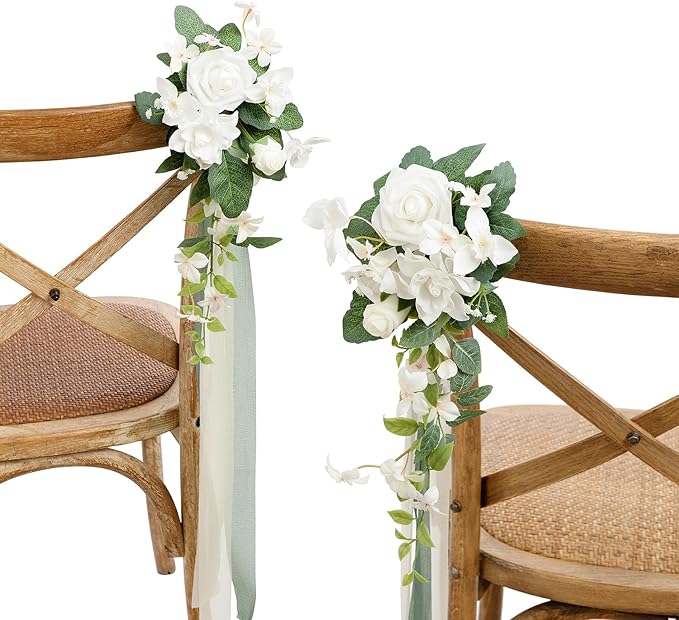 Artificial Flowers Wedding Aisle Pew Markers, 8 Pack White with Ribbon