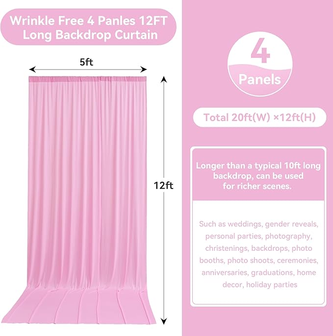 20ftx12ft Wrinkle Free Pink Backdrop Curtain, 4 Panels 12FT Height Pink Wedding Backdrop Drapes, Silky Polyester Back Drop Cloth for Birthday Photography Background Party Backdrop Draping