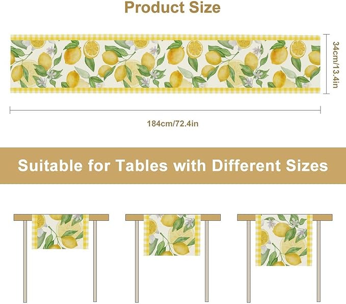 Lemon Table Runner,Yellow White Buffalo Plaid Summer Table Runner for Kitchen Dining Table Home Party Decoration 13x72 Inch