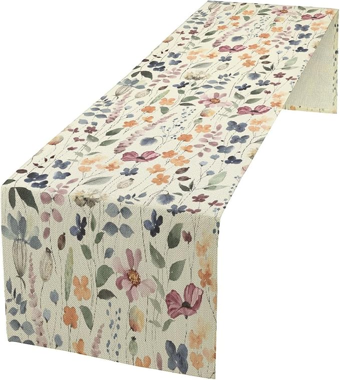 Watercolor Floral Table Runner, Vintage Colorful Floral Natural Style Pattern Decorative Home Restaurant Kitchen Rectangle Table Runner,13in（33cm） W * 90in（229cm） L