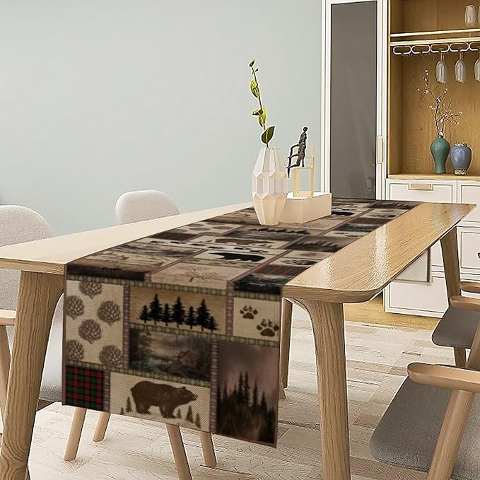 Retro Rusticd Cabin Table Runner Bear Country Farmhouse Vintage Lodge Table Runner for Party Dinner Festival Bedroom Living Room Kitchen 13x108 Inch