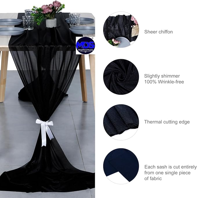 MDS Halloween Chiffon Table Runner - 25 Pack, 29 x 170 Inches, 14ft Each - Sheer Spooky Table Runners for Haunted House Parties, Trick-or-Treat Tables, Witchy Décor, Wedding & Events - Black