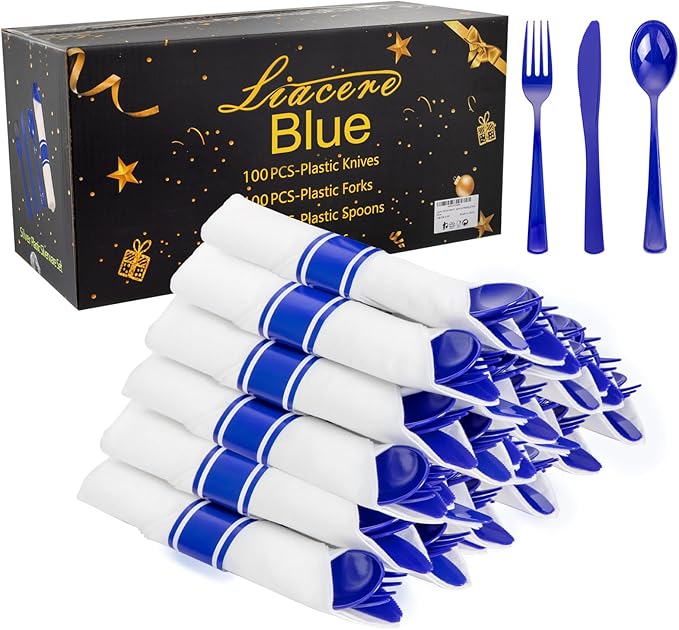 Disposable Blue Plastic Silverware Set with Napkins, 100 Pack