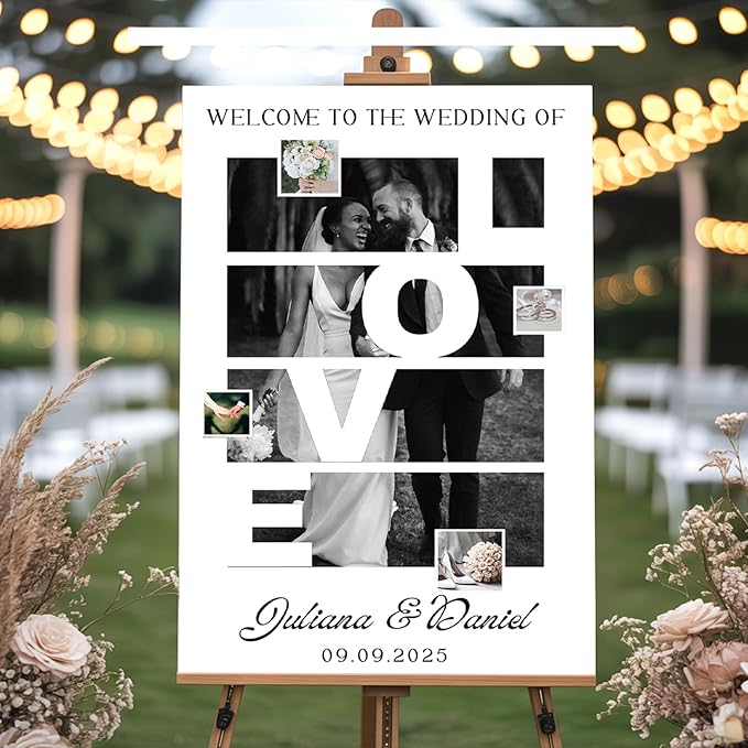 Personalized Wedding Welcome Sign - Custom Gifts for Weddings, Christmas, Engagement Party, Anniversary, Custom Bride & Groom Reception Sign with Photo, Corrugated Plastic H Stake
