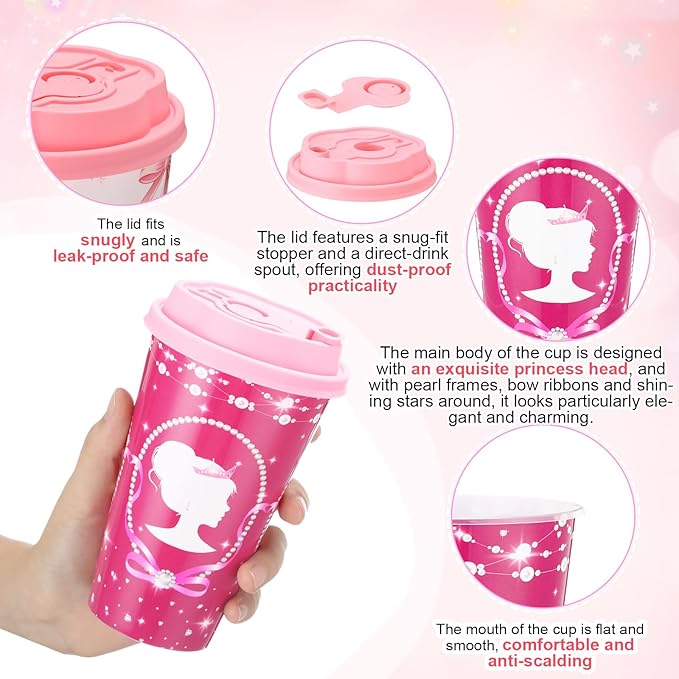 Yungyan 36 Sets Hot Pink Girl Party Favors Goodie Cups with Lids and Straws for Birthday Decorations Reusable 16oz Plastic Candy Cups Plastic Straws for Birthday Party (Pink Princess)