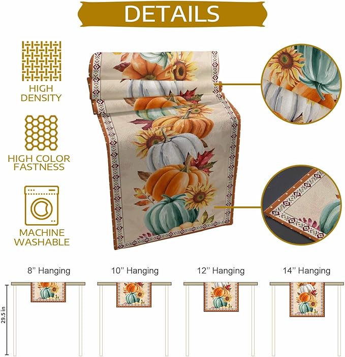 Fall Thanksgiving Southwest Cotton Linen Table Runner for Dining Kitchen, Orange Pumpkins Wedding Outdoor Party Rustic Tablerunners Decoration, Sunflower Dresser Scarf Tablecloth Runners 13x60 Inches