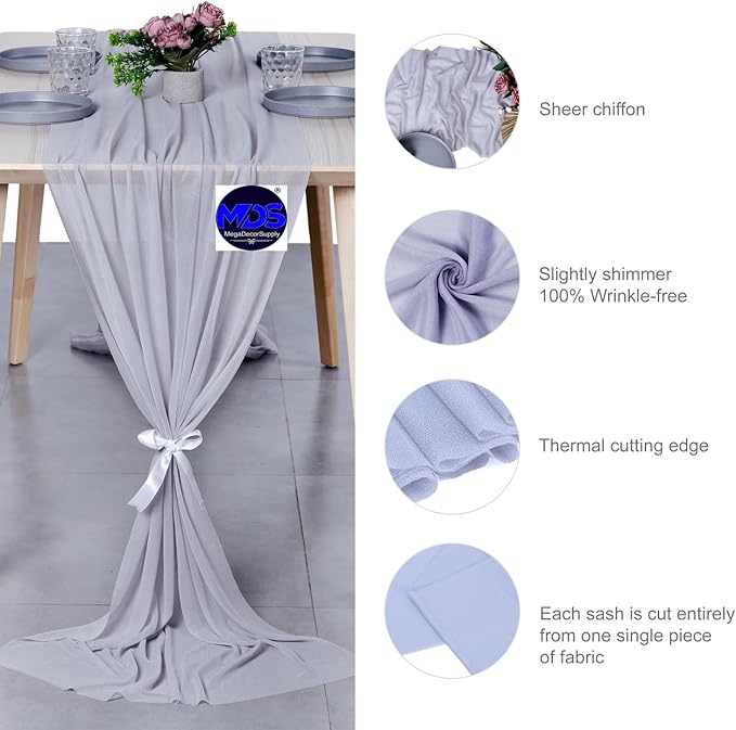 MDS Halloween Chiffon Table Runner - 15 Pack, 29 x 170 Inches, 14ft Each - Sheer Spooky Table Runners for Haunted House Parties, Trick-or-Treat Tables, Witchy Décor, Wedding & Events - Cool Gray