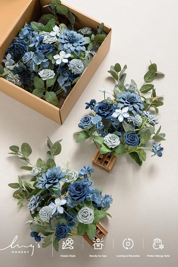 Artificial Flower Arrangements Set of 4, Dusty Blue and Navy Wedding Decor