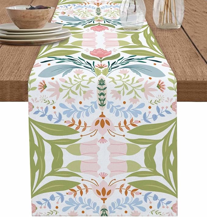 Green Blue Pink Boho Floral Cotton Linen Table Runner for Dining Kitchen, Wedding Outdoor Party Tablerunners Decoration, Retro Bohemian Botanical Dresser Scarf Coffee Tablecloth Runners 13x90 Inches