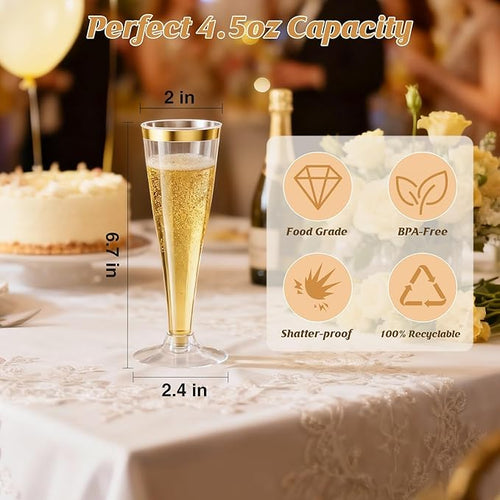 100 Pack Champagne Flutes Plastic Wine Glasses Disposable, 4.5 Oz Gold Rim Mimosa Glasses for 2025 Engagement Wedding Birthday New Years Eve Xmas Party Supplies, Bulk Toasting Cocktail Cups