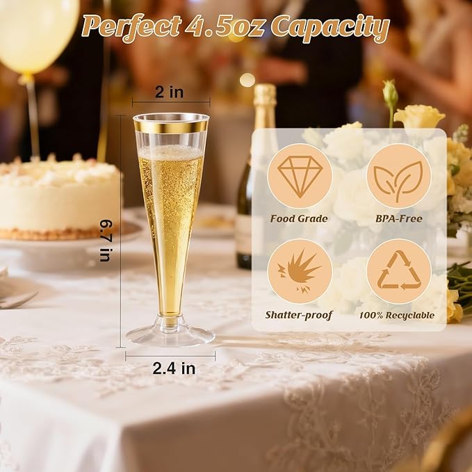 40 Pack Champagne Flutes Plastic Wine Glasses Disposable, 4.5 Oz Gold Rim Mimosa Glasses for 2025 Wedding Birthday Party Supplies, Bulk Toasting Cocktail Cups