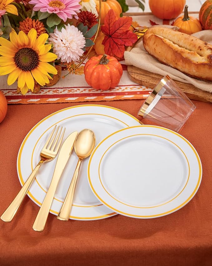 Round Gold Trim Plastic Plates Set, 150 Pieces for Parties