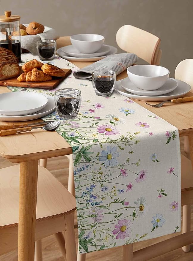 Vintage Wildflowers Cotton Linen Table Runner for Dining Kitchen, Wedding Outdoor Party Tablerunners Decoration, Farm Floral Pink Botanical Plants Dresser Scarf Coffee Tablecloth Runners 13x72 Inches