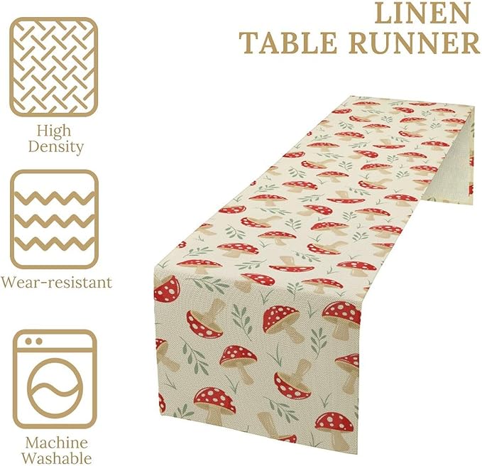 Mushroom Table Runner,Vintage Plant Print Table Runner for Kitchen Dining Table Home Party Decoration 13x90 Inch