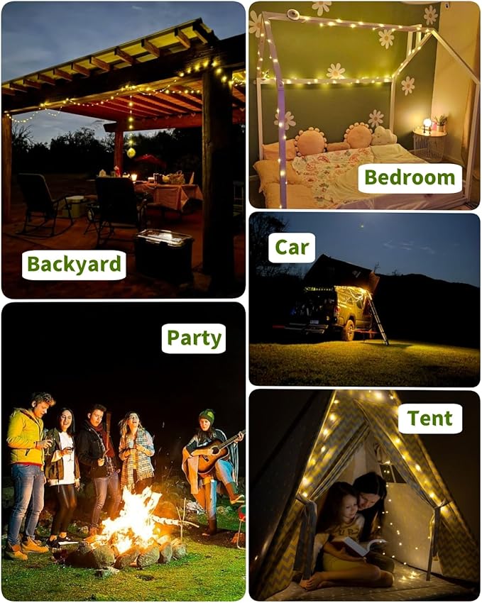 String Lights with 130 Warm White LEDs, Solar USB Rechargeable, 8 Modes